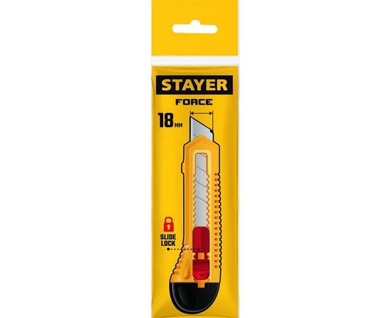 Упрочненный нож из АБС пластика со сдвижным фиксатором FORCE сегментированные лезвия 18 мм Stayer 0911_z01 – изображение 4