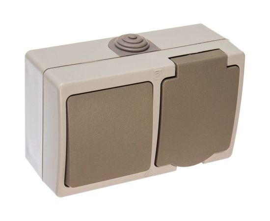 Горизонтальный блок: выключатель 1 кл + розетка UNIVersal Аллегро с/з, з/ш, IP54, с крышкой, серый 1273 