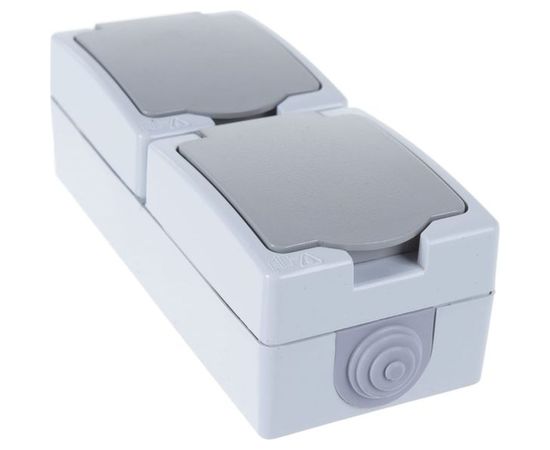 Вертикальная розетка, 2 гнезда UNIVersal Аллегро с/з, з/ш, IP54, с крышкой, серая 1275 