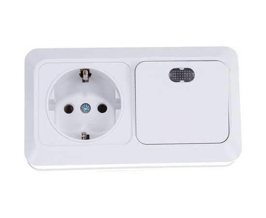 Горизонтальный блок: одноклавишный выключатель c подсветкой + розетка с заземлением, белый UNIVersal Олимп О0036 