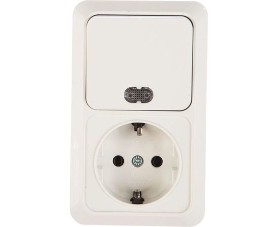 Вертикальный блок: одноклавишный выключатель c подсветкой + розетка с заземлением, белый UNIVersal Олимп О0039 