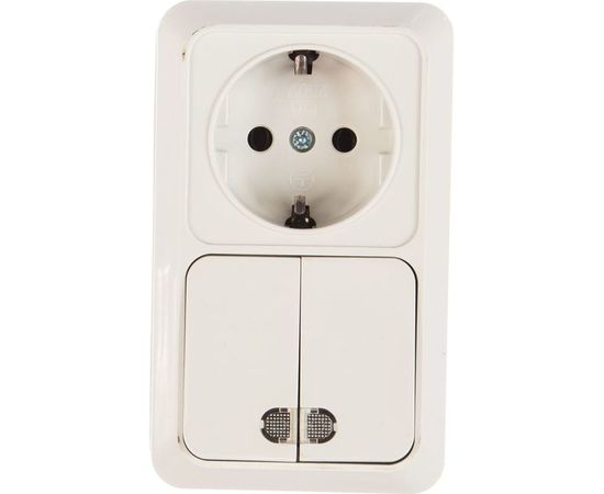 Вертикальный блок: двухклавишный выключатель c подсветкой + розетка с заземлением, белый UNIVersal Олимп О0041 