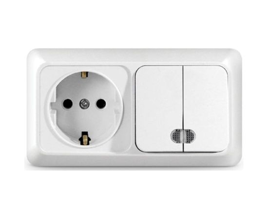 Горизонтальный блок: двухклавишный выключатель c подсветкой + розетка с заземлением, белый UNIVersal Олимп О0037 