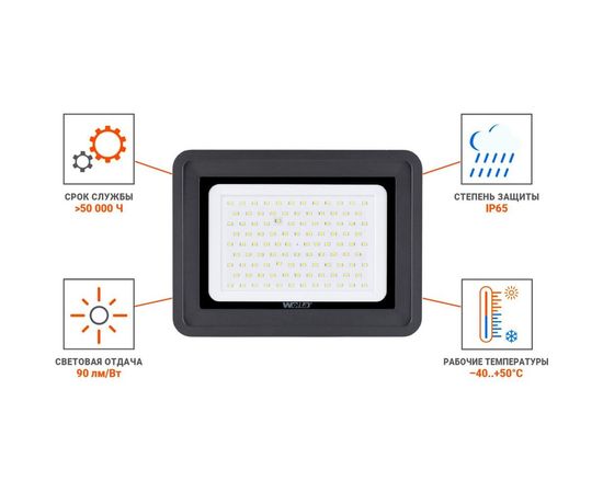 Светодиодный прожектор Wolta 5500K, 100 W SMD, IP 65,цвет серый, слим WFL-100W/06 – изображение 10
