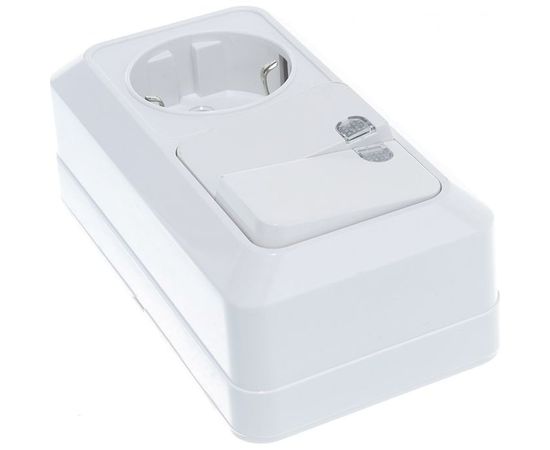 Горизонтальный блок: двухклавишный выключатель c подсветкой + розетка с заземлением, белый UNIVersal Олимп О0037 – изображение 3