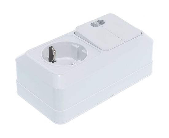 Горизонтальный блок: двухклавишный выключатель c подсветкой + розетка с заземлением, белый UNIVersal Олимп О0037 – изображение 4