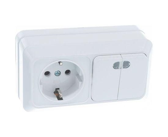 Горизонтальный блок: двухклавишный выключатель c подсветкой + розетка с заземлением, белый UNIVersal Олимп О0037 – изображение 2