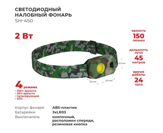 Налобный светодиодный фонарь РЕКОРД SH-450, камуфляж 3хLR03 24232 – изображение 2