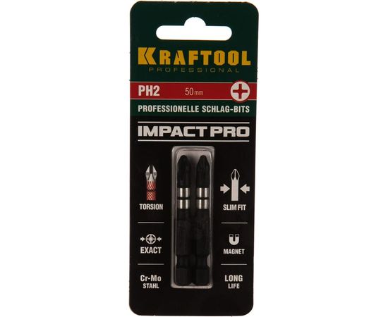 Биты Impact Pro Philips тип хвостовика E 1/4 PH2 50 мм на карточке 2 шт. Kraftool 26191-2-50-S2:192 – изображение 2