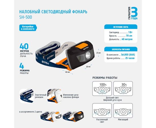 Налобный светодиодный фонарь ФОТОН SH-500, черный 23520 – изображение 2