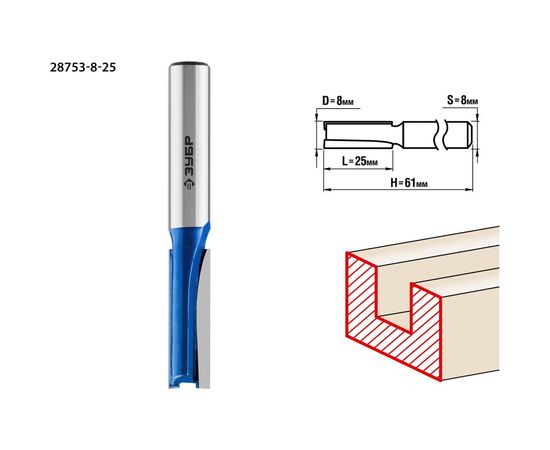 Фреза пазовая прямая ПРОФЕССИОНАЛ (8х25х61 мм; хвостовик 8 мм) Зубр 28753-8-25 