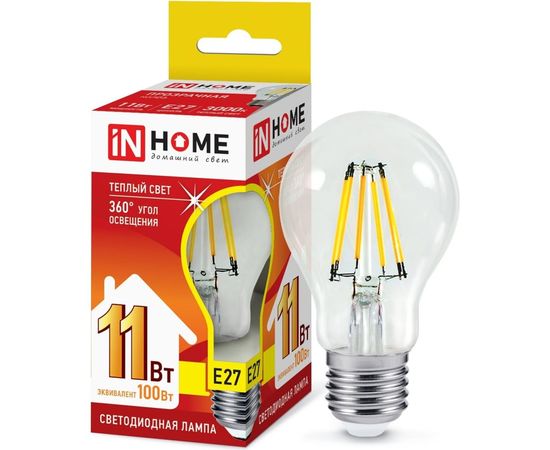 Светодиодная лампа IN HOME LED-A60-deco 11Вт 230В Е27 3000К 990Лм прозрачная 4690612026121 – изображение 2