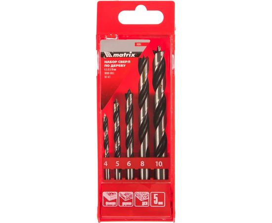 Набор сверл по дереву (5 шт; 4-5-6-8-10 мм) MATRIX 70281 – изображение 2