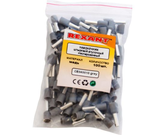 Штыревой втулочный наконечник REXANT изолированный F-9 мм 4 кв.мм серый 08-0821 – изображение 3