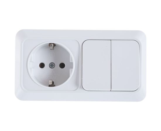 Горизонтальный блок: двухклавишный выключатель + розетка с заземлением, белый UNIVersal Олимп О0033 