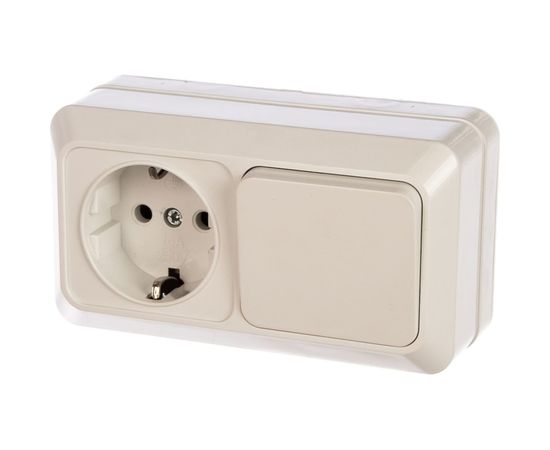 Горизонтальный блок: одноклавишный выключатель + розетка с заземлением, белый UNIVersal Олимп О0032 