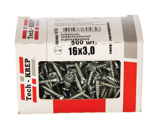Универсальный саморез Tech-Krep 16х3,0 мм 500 шт оцинкованный, коробка с окном 102161 – изображение 2