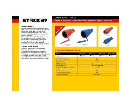 Вилка STEKKER прямая с заземляющим контактом, каучук 250В, 16A, IP44, красная, RPG16-21-441 39160 – изображение 2