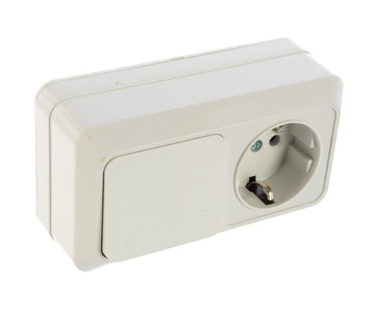 Горизонтальный блок: одноклавишный выключатель + розетка с заземлением, белый UNIVersal Олимп О0032 – изображение 3