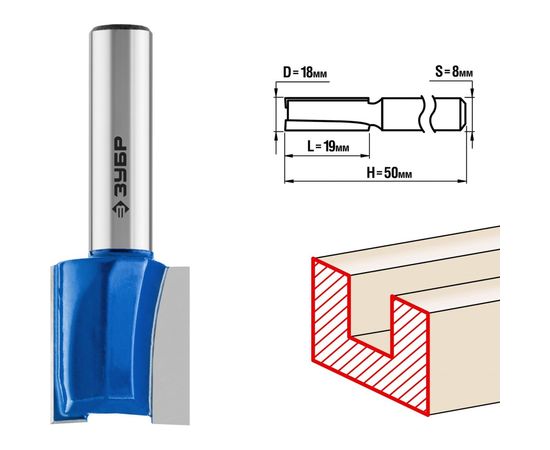 Фреза пазовая прямая ПРОФЕССИОНАЛ (18х19х50 мм; хвостовик 8 мм) Зубр 28753-18-19 