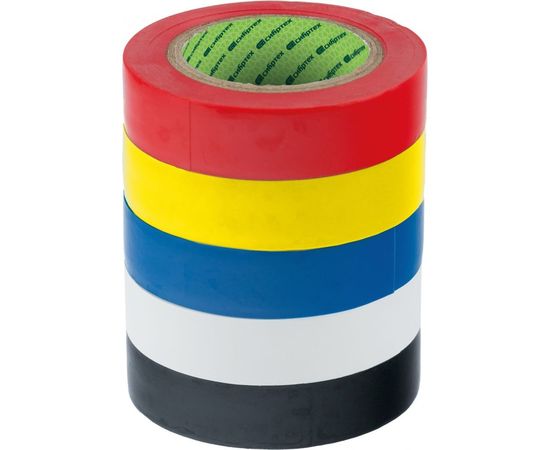 Набор изолент СИБРТЕХ ПВХ цветных 15мм х 10м, 5 шт.130 мкм 88799 