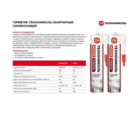 Санитарный силиконовый герметик Технониколь белый, 280 мл TN667564 – изображение 2