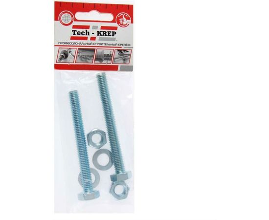 Болт Tech-Krep DIN933 с шестигранной головкой, оцинкованный М10х140 + гайка + шайба 2 шт - пакет 136919 – изображение 2