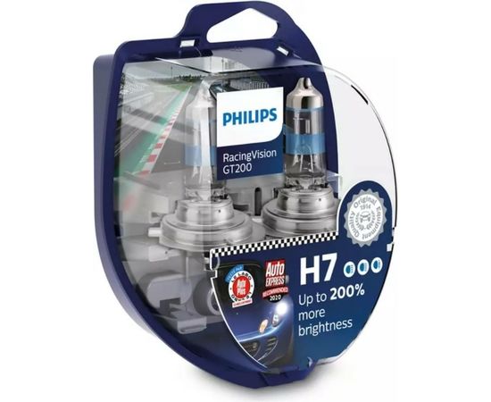 Автолампа PHILIPS H7, 55 Вт, PX26d+200%, Racing Vision GT200, 2 шт., 3500 К, 12 В 12972RGTS2 