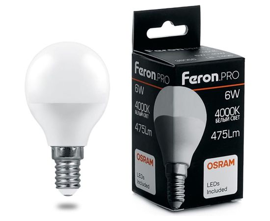 Светодиодная лампа FERON PRO LB-1406 Шарик E14 6W 4000K OSRAM LED 38066 