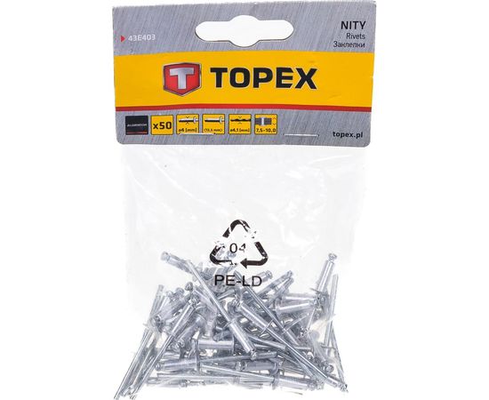 Заклепки алюминиевые (4.0 мм x 12.5 мм) 50 шт. TOPEX 43E403 – изображение 2