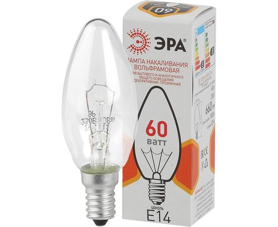 Лампа накаливания ЭРА ДС, свечка, 60Вт, 230В, E14, цветная упаковка Б0039129 