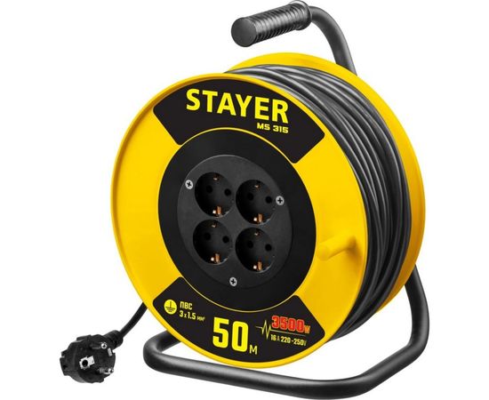 Удлинитель на катушке Stayer MS 315, 50 м, 3500 Вт, заземление, 4 гнезда, ПВС 3x1,5 кв мм, 55078-50 