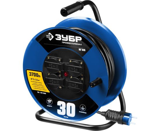 Удлинитель на катушке ЗУБР КГ 315, 30 м, 3700 Вт, 4 гнезда, IP44, КГ 3х1,5 кв мм, 55080-30 