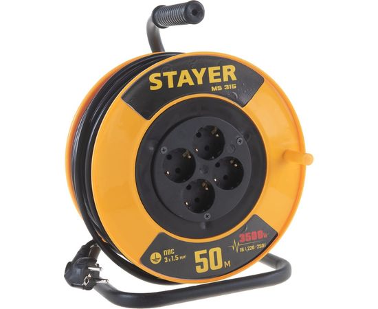 Удлинитель на катушке Stayer MS 315, 50 м, 3500 Вт, заземление, 4 гнезда, ПВС 3x1,5 кв мм, 55078-50 – изображение 4