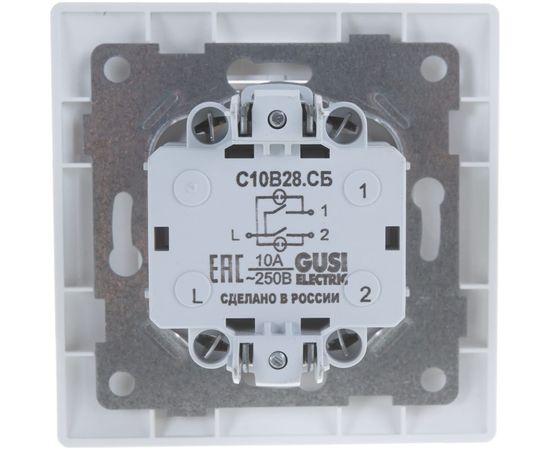 Двухклавишный выключатель GUSI ELECTRIC Bravo с индикатором, СУ, 10А, 250В, белый С10В28-001-СБ – изображение 5