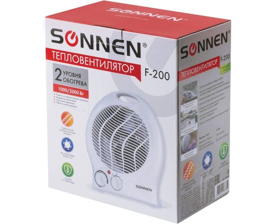Тепловентилятор SONNEN F-200, 1000/2000 Вт, 2 режима работы, белый, 453493 – изображение 2