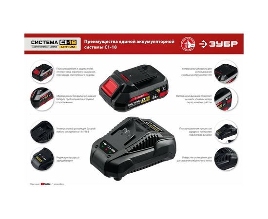 Аккумуляторная батарея ЗУБР 18В, Li-Ion, 2Ач, тип С1 АКБ-С1-18-2 – изображение 5
