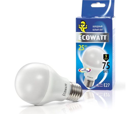 Светодиодная лампа ECOWATT A60 230В 9W 4000K E27 холодный белый свет груша 4606400614845 
