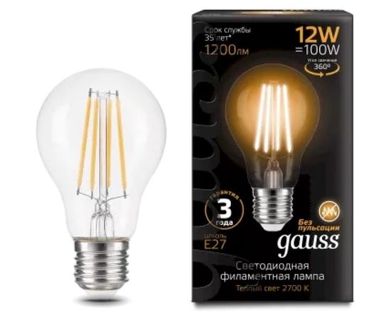 Лампа GAUSS Filament А60 12W 1200lm 2700К Е27 LED 1/10/40 102902112 