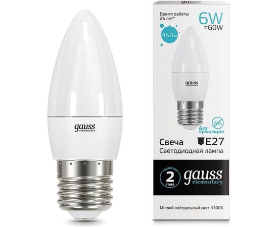 Лампа LED Candle 6W E27 4100K Gauss Elementary 33226 – изображение 2