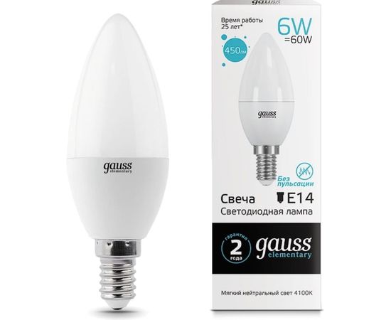 Лампа LED Candle 6W E14 4100K Gauss Elementary 33126 – изображение 3