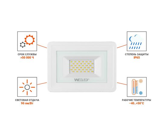 Светодиодный прожектор Wolta, 5700K, 30 W SMD, IP 65, цвет белый, слим WFL-30W/06W – изображение 6
