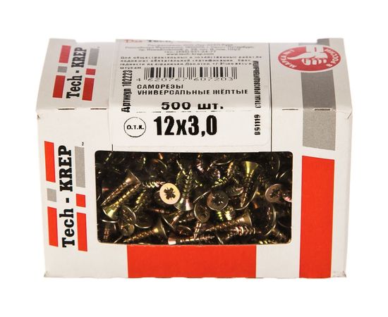 Универсальный саморез Tech-Krep 12х3,0 мм 500 шт желтый, коробка с окном 102223 – изображение 2