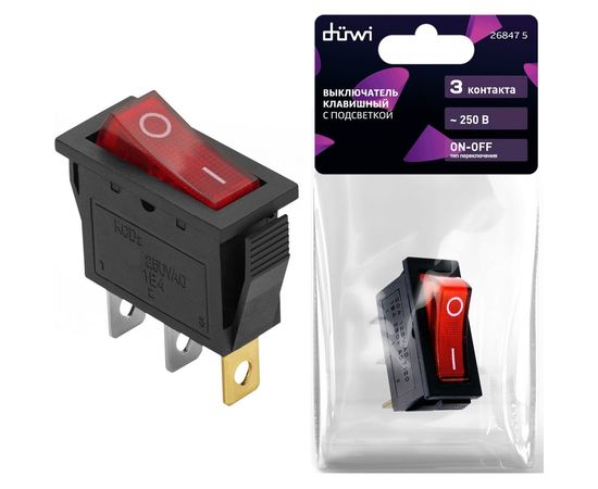 Клавишный выключатель duwi красный с подсветкой 3 контакта, 250В, 16А, ВКЛ-ВЫКЛ тип RWB-404, SC-791, 26847 5 – изображение 3