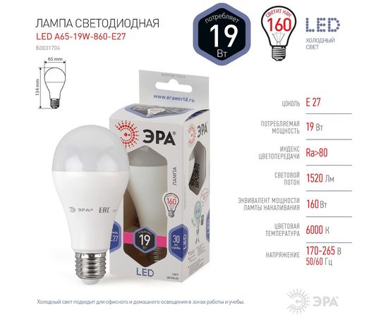 Светодиодная лампа ЭРА LED A65-19W-860-E27 Б0031704 – изображение 4