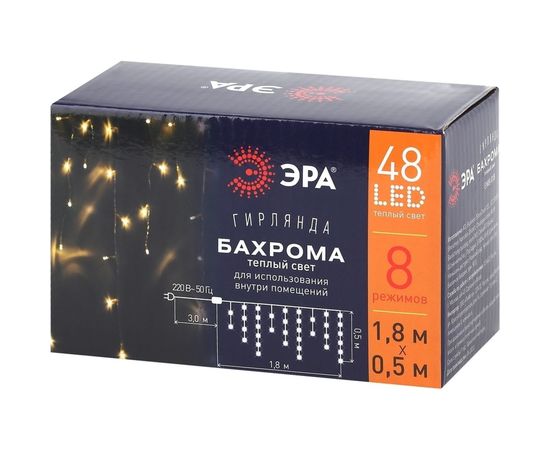 Гирлянда ЭРА ENIB01B LED, Бахрома, 1,8 м*0,5, теплый свет, 8 режимов, 220V Б0041899 – изображение 2