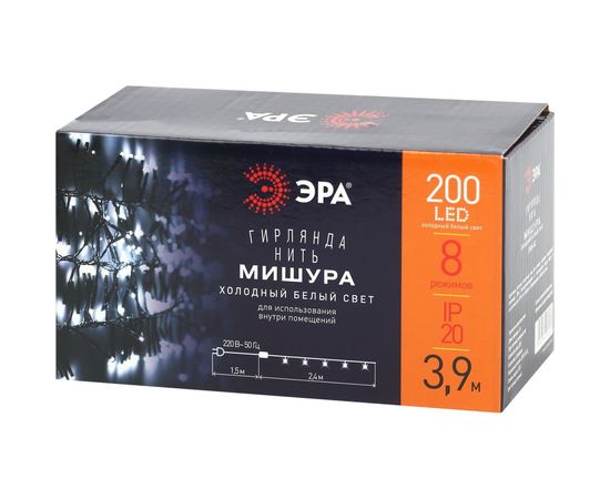 Гирлянда ЭРА ENIN GC LED Нить, мишура, 3.9м, зеленый провод, холодный свет, 220V 24/576 Б0047969 – изображение 5