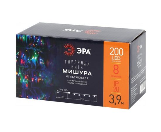 Гирлянда ЭРА ENIN WM LED Мишура 3.9 м белый провод, мультиколор, 220V 24/576 Б0047972 – изображение 7
