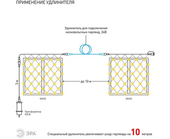 Гирлянда LED ЭРА ENOS01B сеть 1,2м х 1,5м, теплый свет, 24V, IP44 Б0041909 – изображение 8