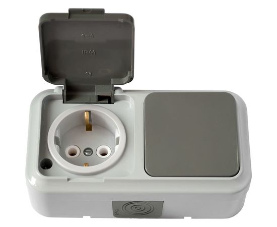 Блок Bylectrica 1 выключатель + розетка с заземляющим контактом ОУ IP54, серия ПРАЛЕСКА АКВА, серый, В-РЦ-657 03 